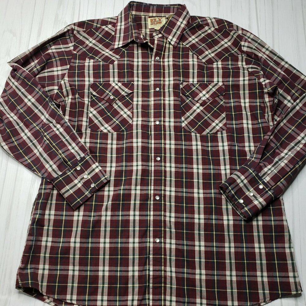 Ely Cattleman Mens XL Pearl Snap Long Sleeve Marron Blue Green Yellow Plaid
